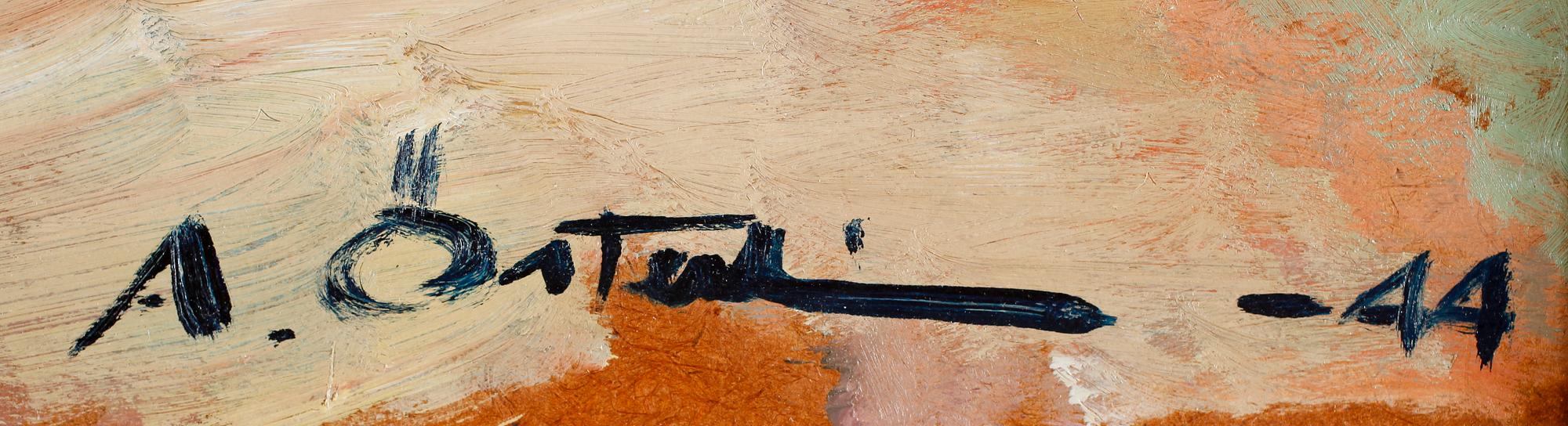 OKÄND KONSTNÄR, olja på pannå, otydligt signerad och daterad -44.