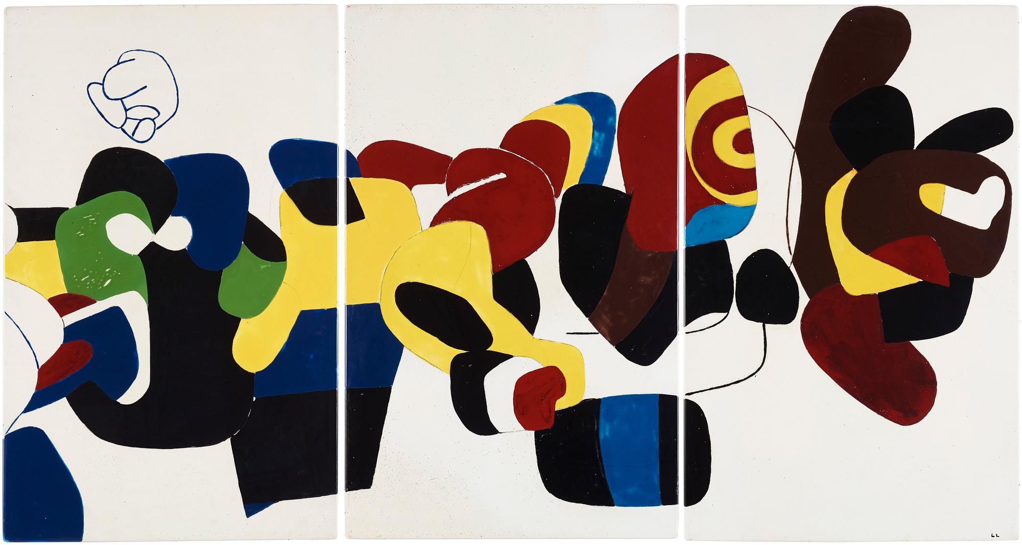 Lage Lindell, triptych, enamel on metal, signed LL.