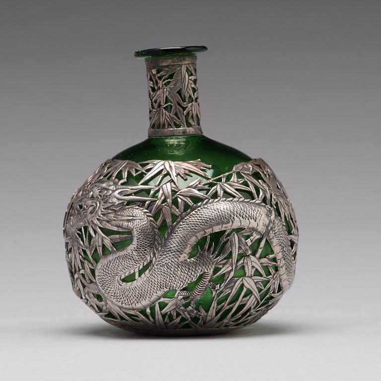 A Chinese silver mounted glass bottle, Shanghai, 1910's.