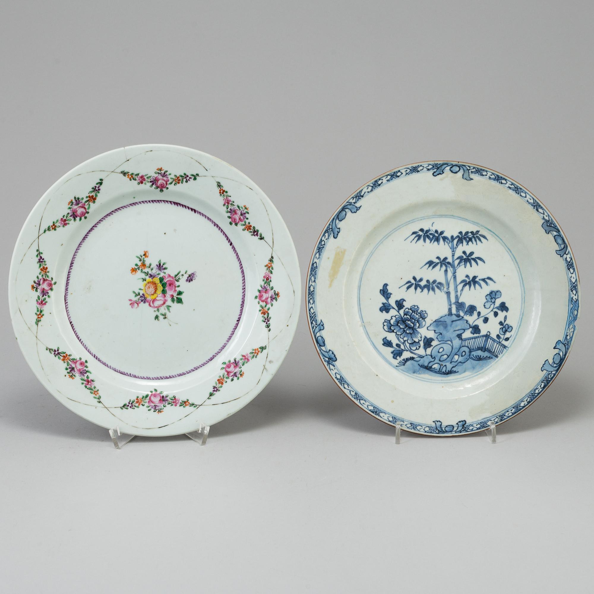 Six chinese 18th century plates in famille rose and blue and white.
