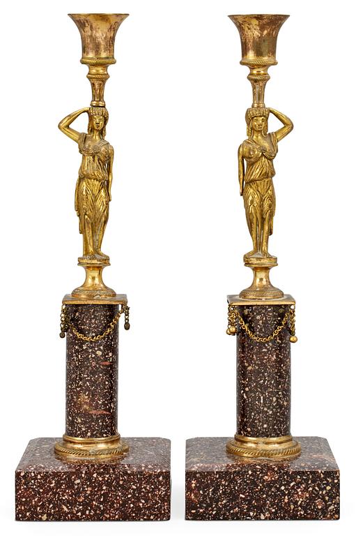 A pair of late Gustavian porphyry candlesticks.