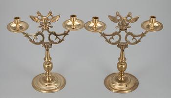 A PAIR OF TWO-LIGHT CANDELABRA.