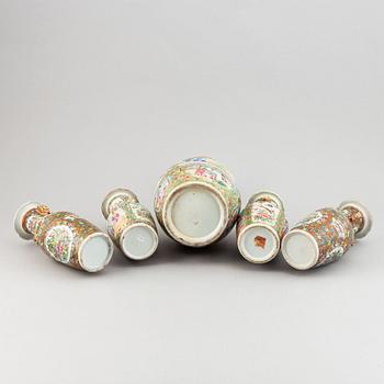 Five famille rose canton vases, Qing dynasty, late 19th century.