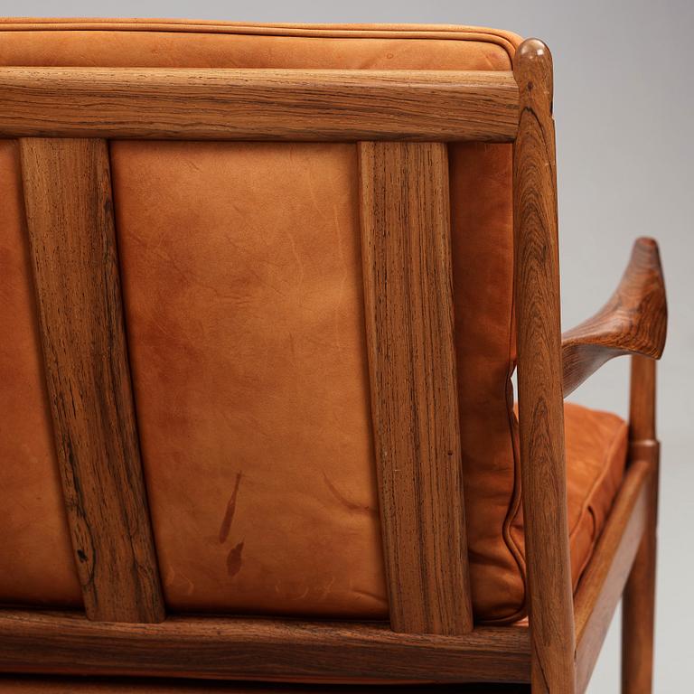 Ib Kofod-Larsen, a pair of "Samsö" palisander and brown leather easy chairs, Olof Persons Fåtöljindustri (OPE) Sweden 1960's.