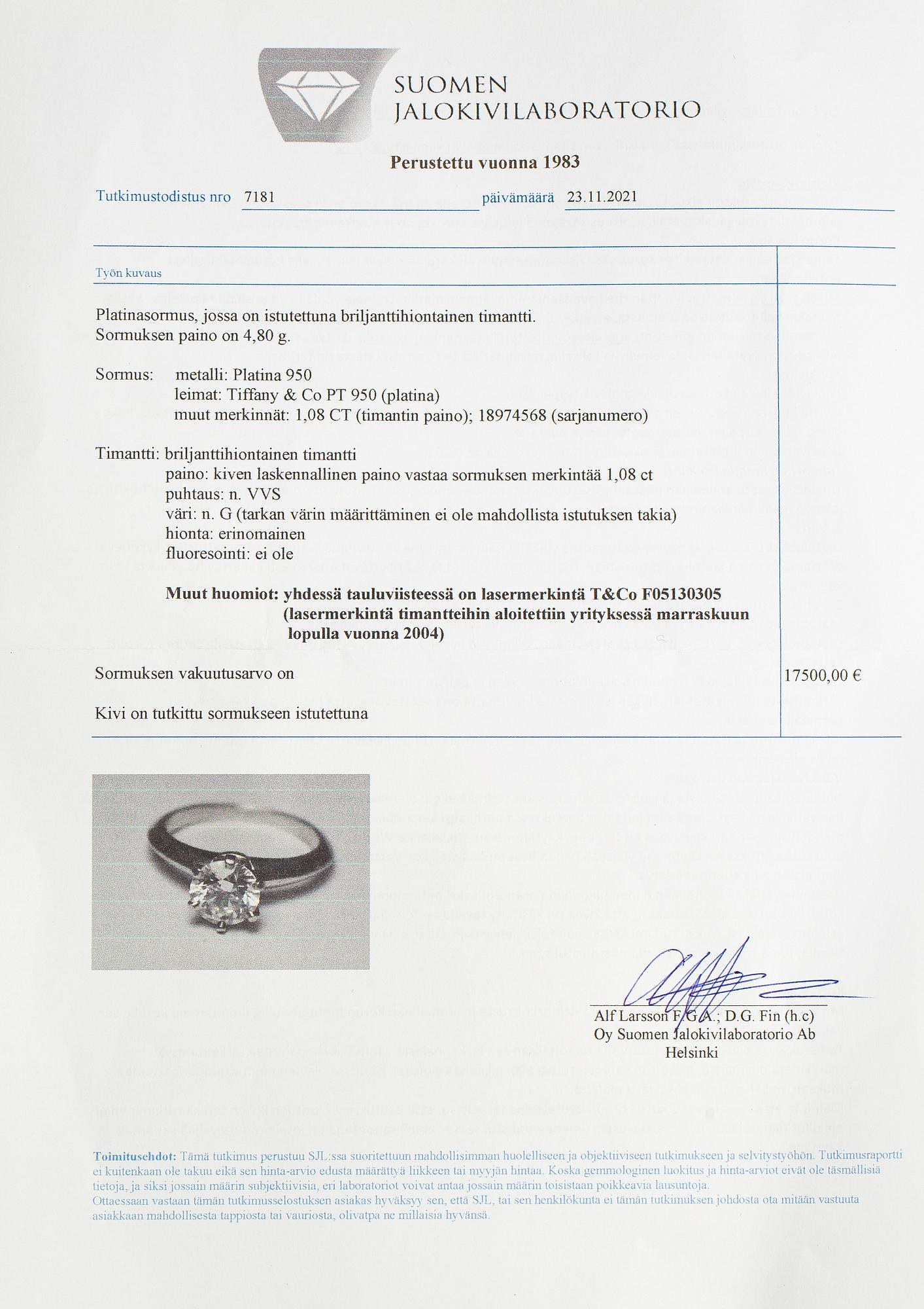Tiffany & Co, Ring, platina och diamant ca 1.08 ct. Märkt Tiffany & Co, 18974568.