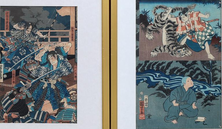 Four woodcuts, Kunyoshi, after, and Yoshitora, after, Japan 19th century.