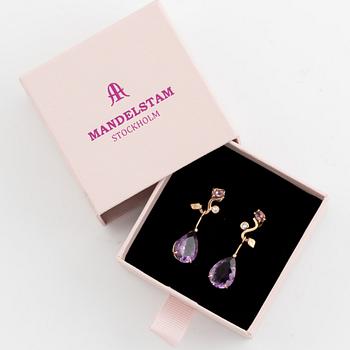 Pear shaped amethyst, pink tourmaline and brilliant cut diamond earrings.