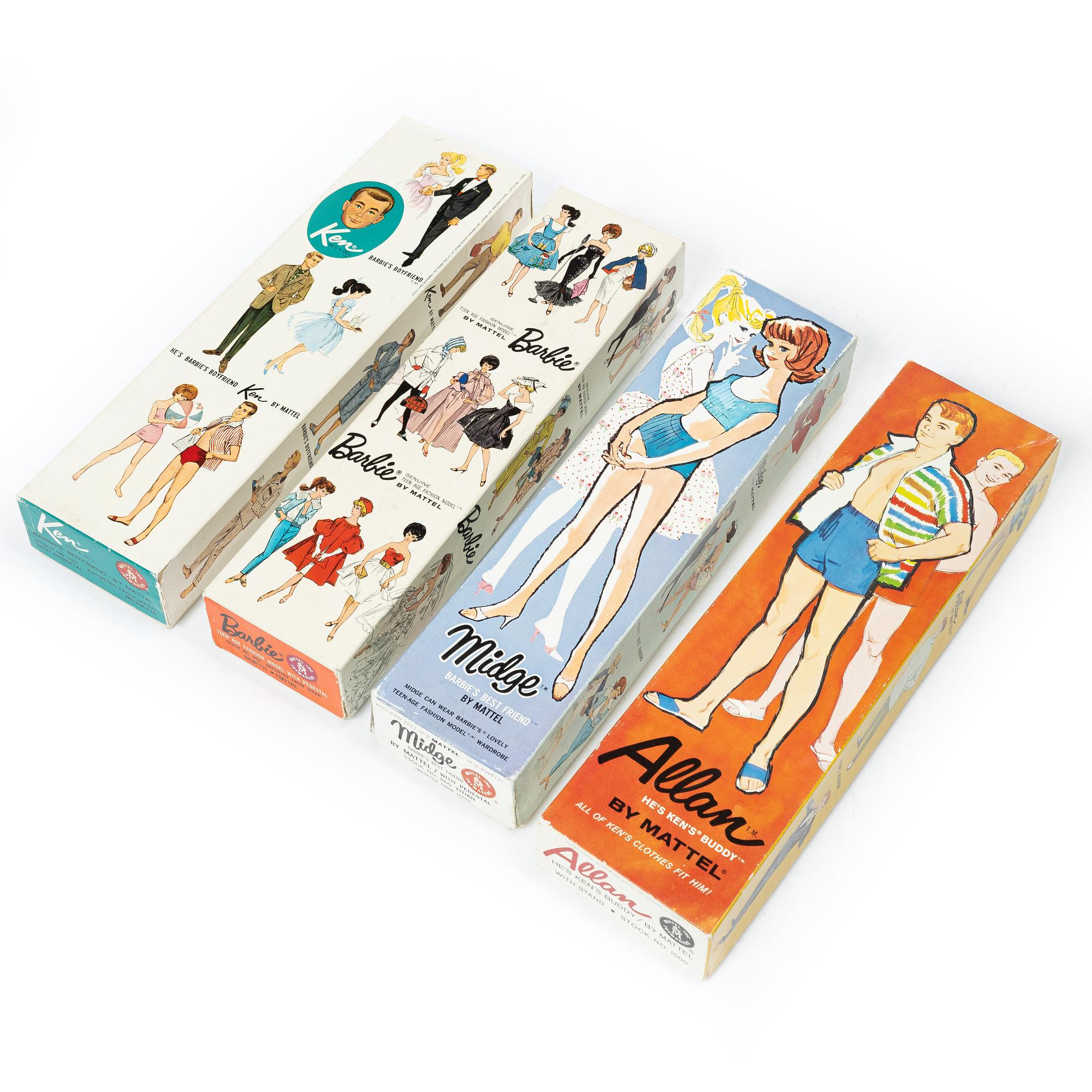 Barbiedockor, 4 st, samt kläder och accessoarer, Mattel, 1960-tal.
