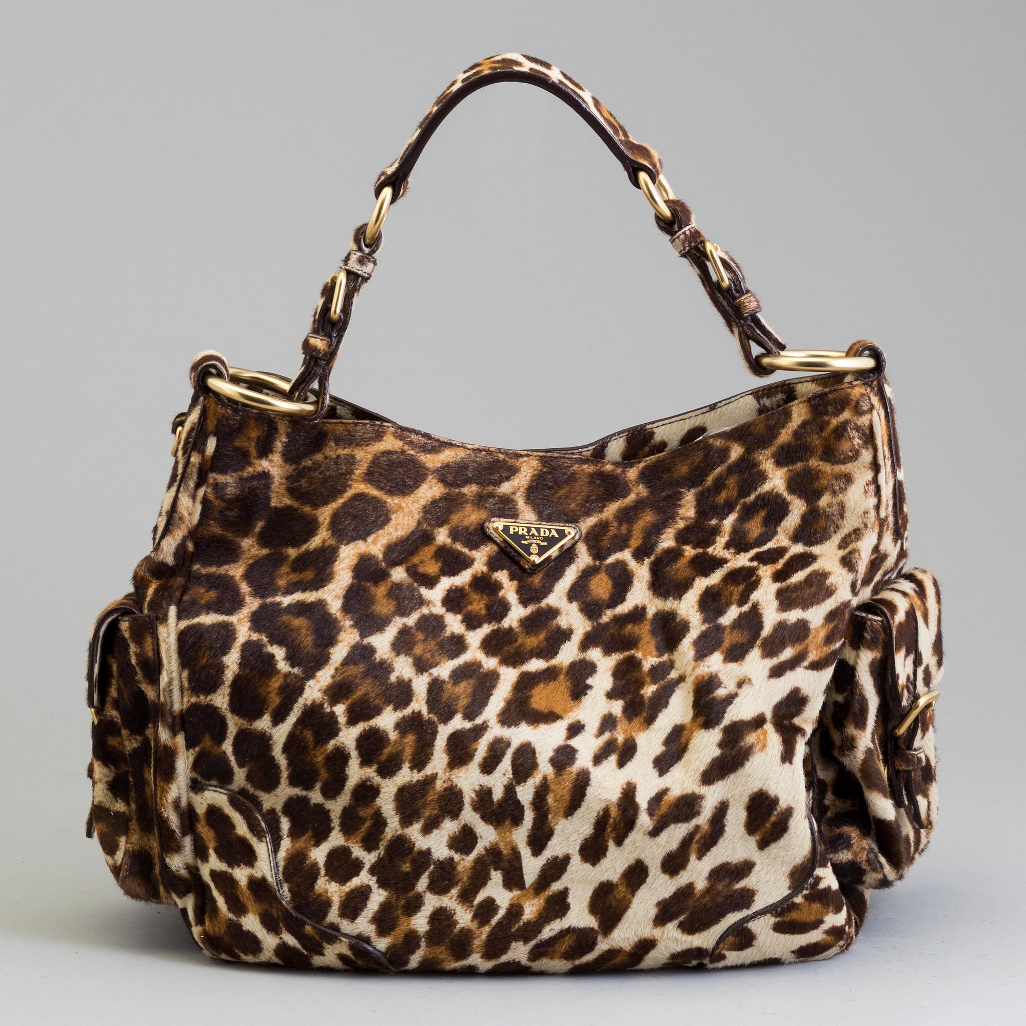 財布 Vintage Prada Leopard Ponyhair Wallet PRADA Vintage Logo Animal Print Wallet Calf Hair Zip Snap Brown