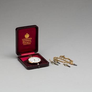 FICKUR, guld 18K, Schweiz, Linderoth Stockholm omkring 1890. Totalvikt 69 gram.