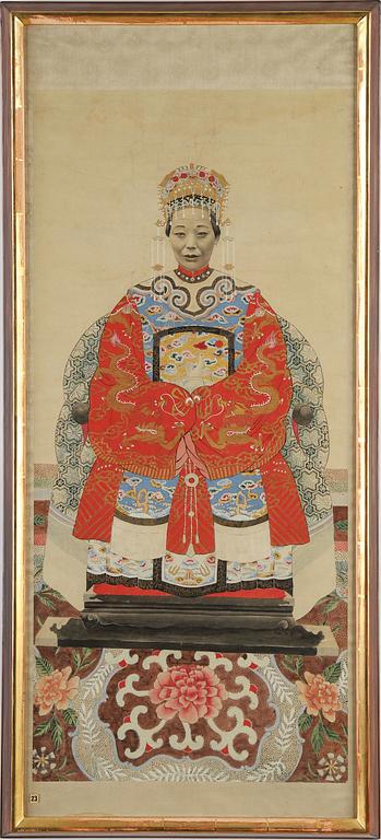 Two Chinese ancestrial portraits, ink and colour on paper, 20th century.