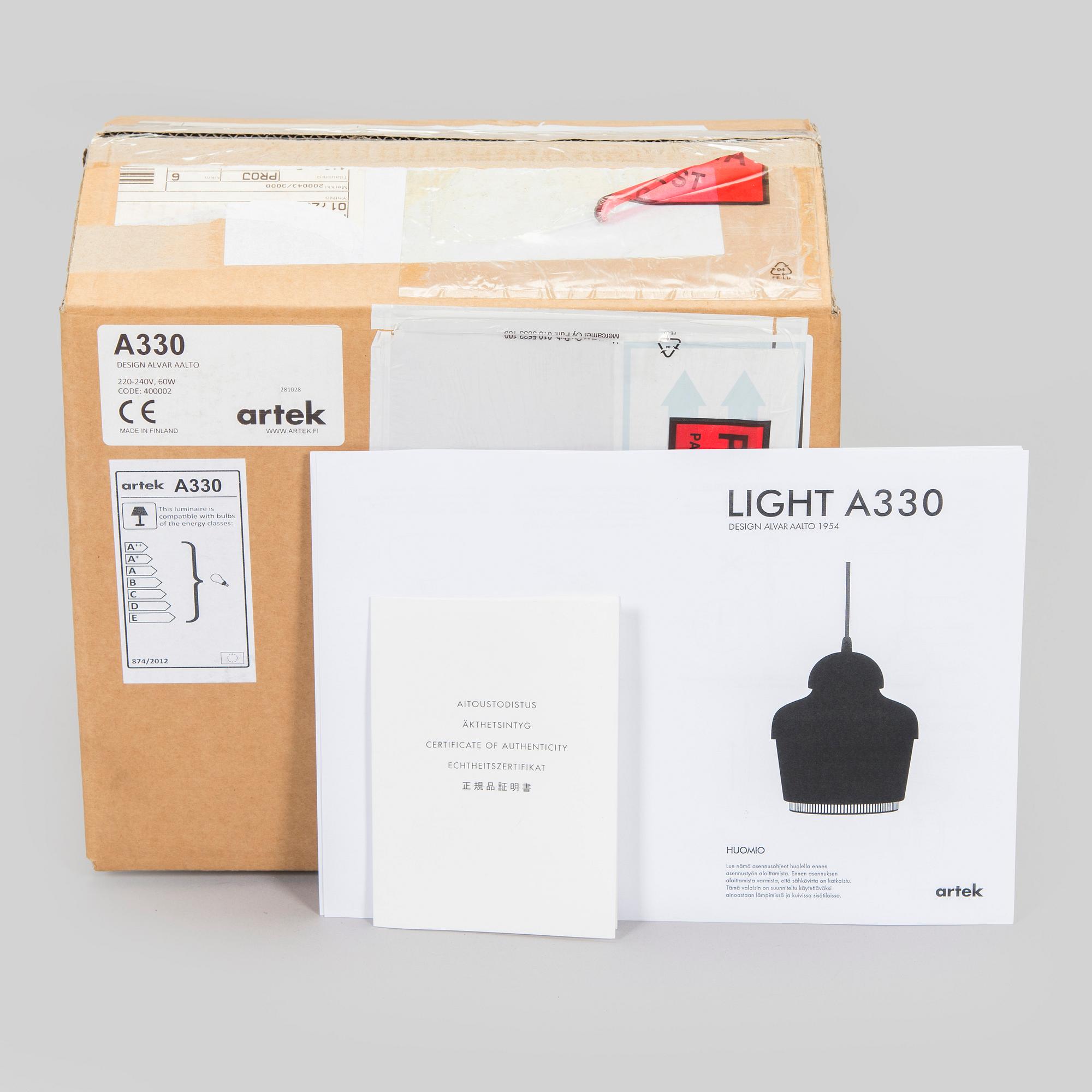 Alvar Aalto, A pair of  A 330, 'Golden Bell' pendant lights A330 for Artek, 2000s.