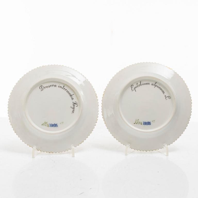 Assietter, fyra stycken samt små fat, två stycken, porslin. 'Flora Danica', Royal Copenhagen, Danmark, 1900-tal.