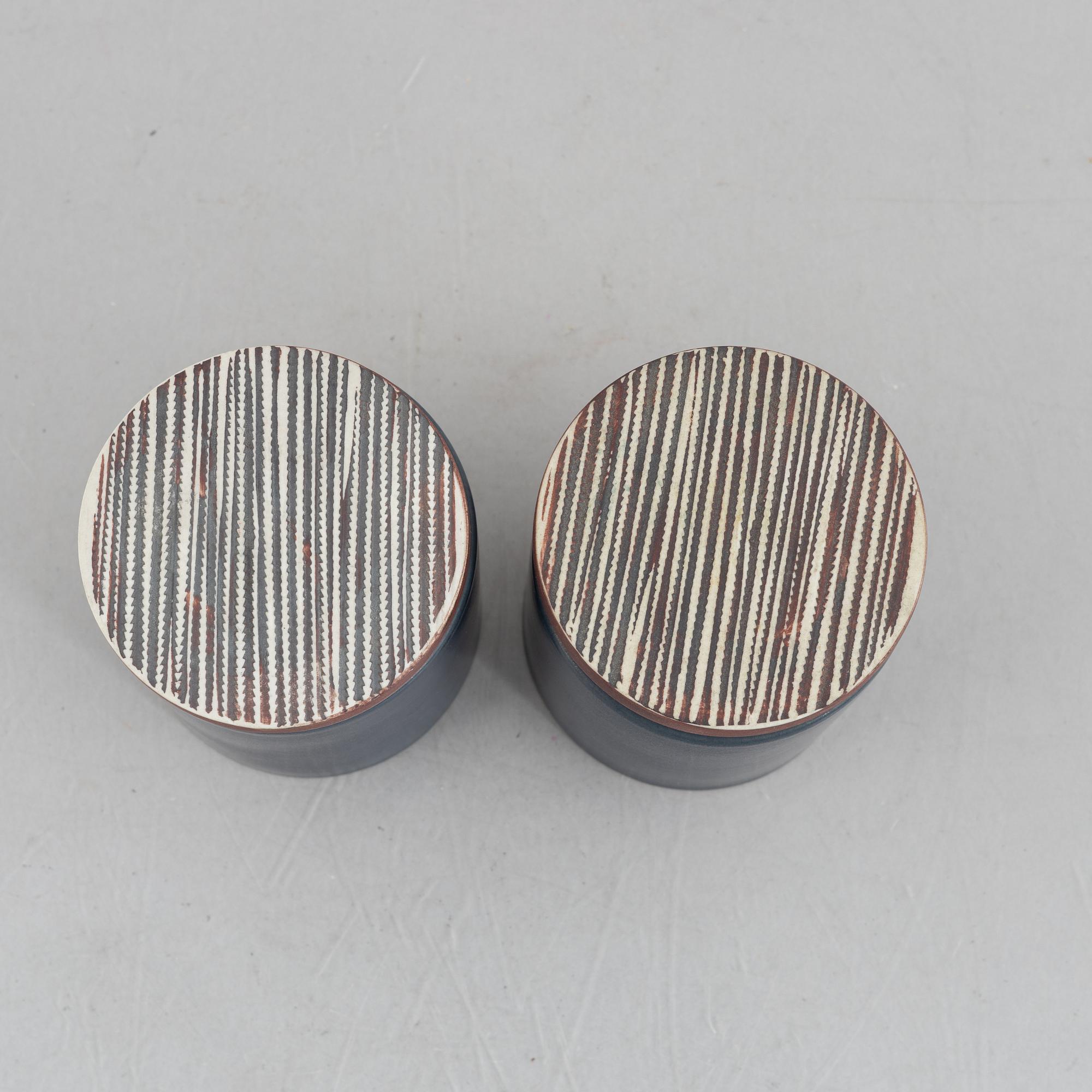 Bengt Berglund, a pair of 'Stampe' lidded stoneware jars, Gustavsberg, Sweden,.
