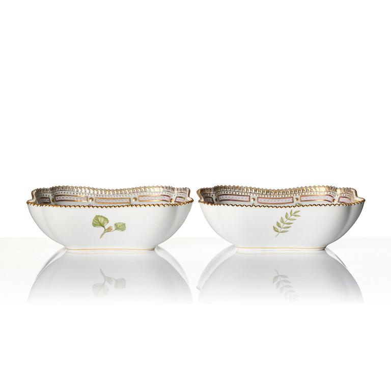 A pair of pillow shaped Royal Copenhagen 'Flora Danica' bowls, Denmark, 20th century.