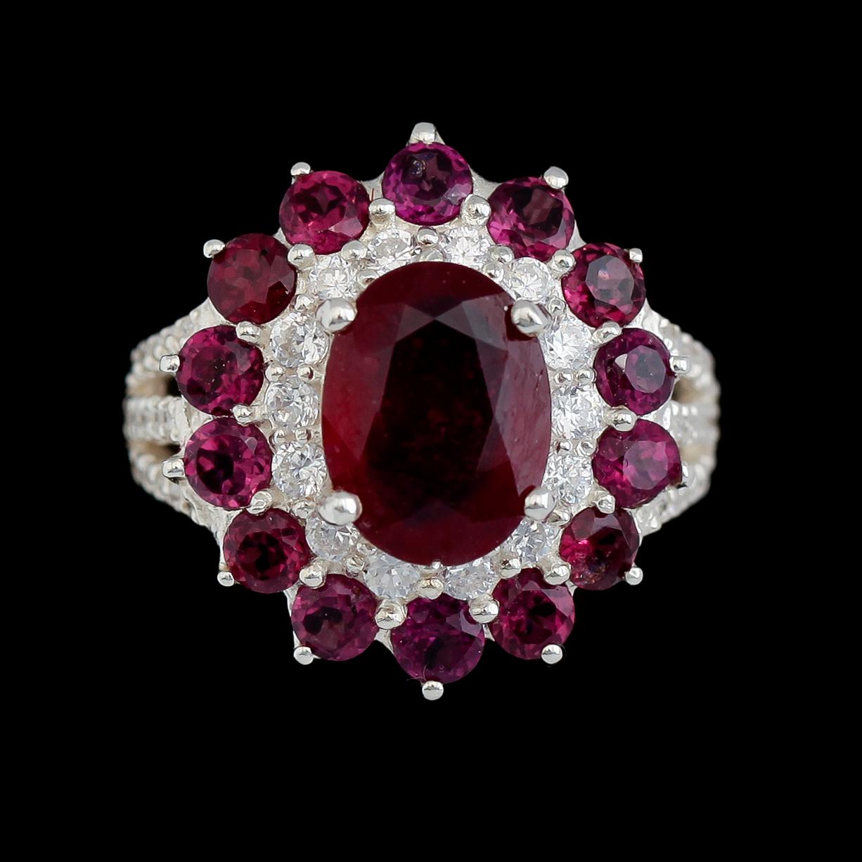 RING, sterlingsilver, rubin, rhodoliter och safirer.