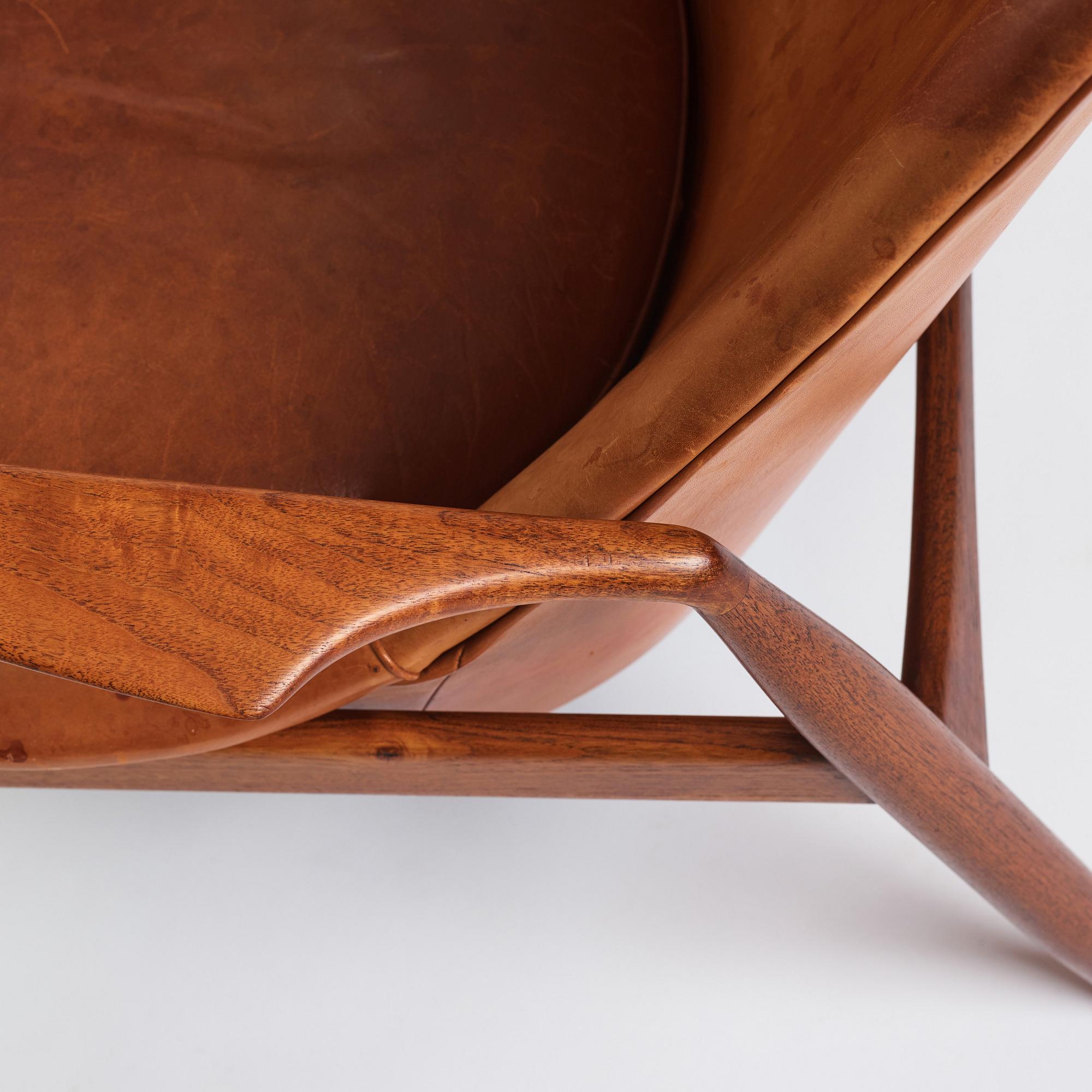 Ib Kofod-Larsen, a teak and cognac coloured leather 'Sälen' easy chair, Olof Perssons Fåtöljindustri (OPE), Sweden, 1950-60s.