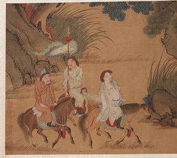 A fine handscroll of hunting scenes and with calligraphy, Qing dynasty.