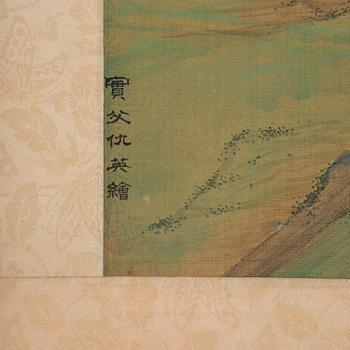 A Chinese scroll painting, ink and colour on silk, late Qing dynasty after Qiu Ying.