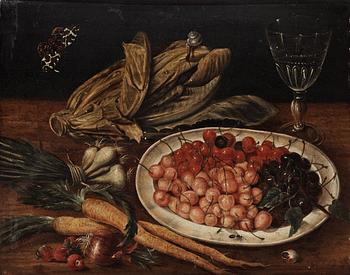 1068. Osias Beert Follower of, Still life with cherries, vegetables & glass.