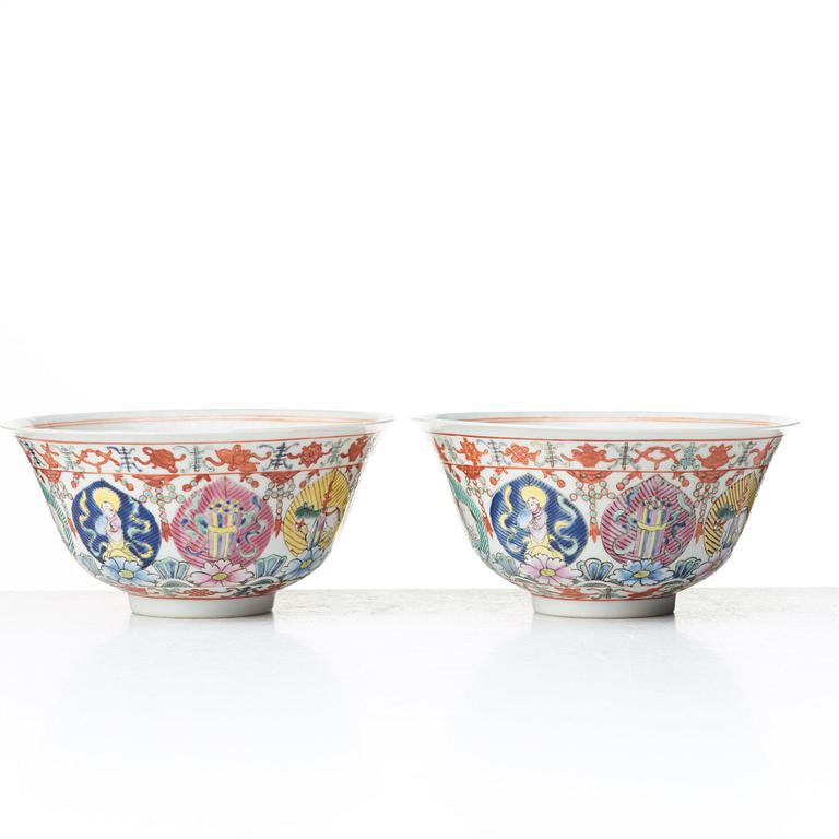 A pair of famille rose marriage bowls, probably republic, 20th Century.