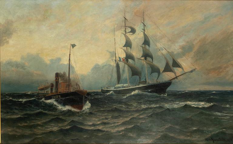 Nils Hansteen, Marine with a three-masted ship and a steam tugboat.