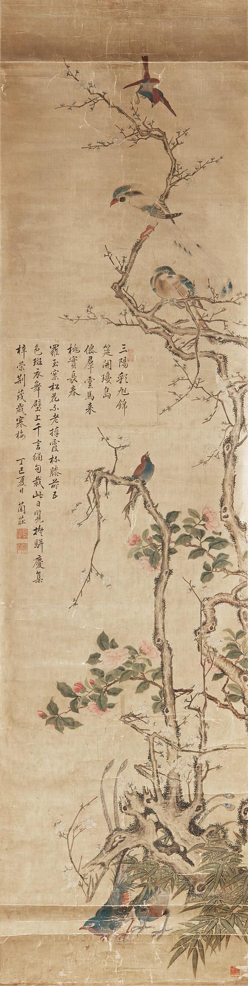 RULLMÅLNING, fåglar och blommande kamelia och prunus, sen Qingdynastin (1644-1912).