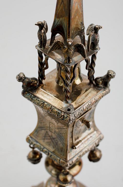 A Russian 19th century silver besamin-tower, makers mark of Swinarski, (St. Petersburg) 1876.