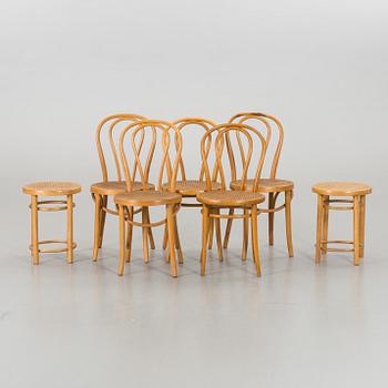 A SET OF 5 THONET STYLE CHAIRS AND 2 STOOLS, end of 20th century.