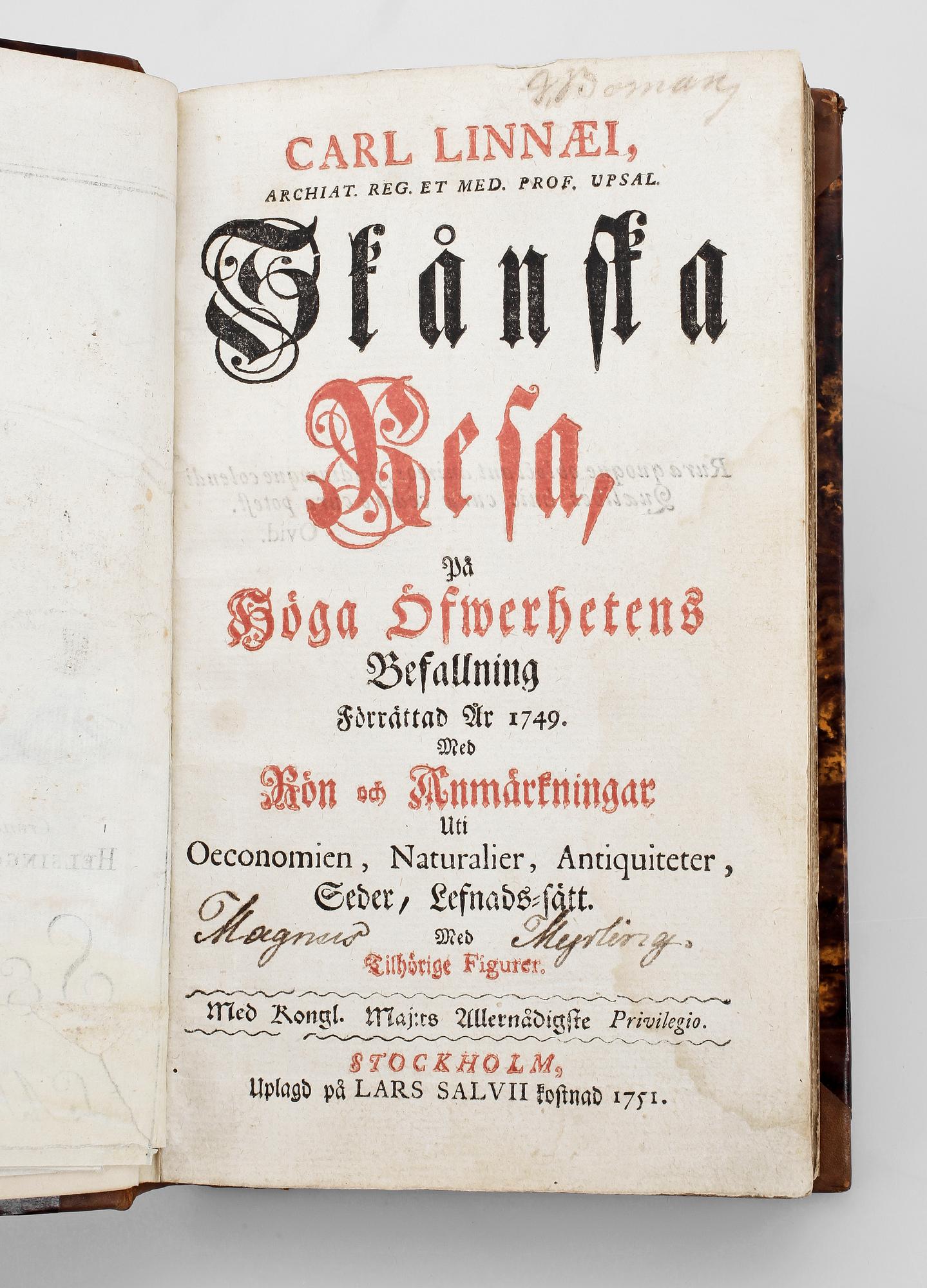 BOK, "Carl Linnaei Skånska resa", Stockholm 1751.