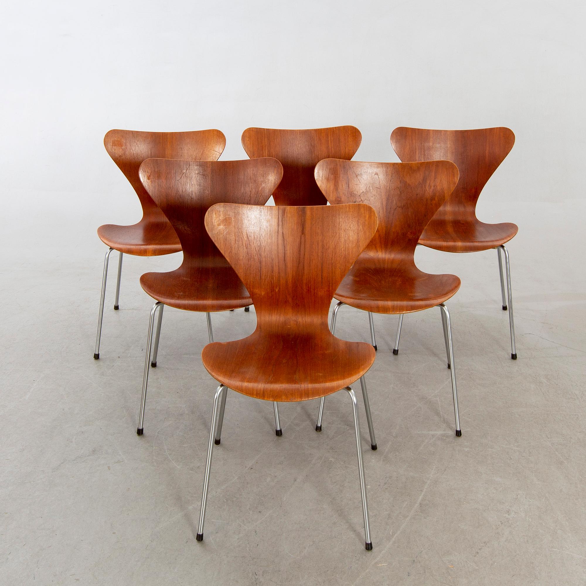 Arne Jacobsen, stolar 6 st, "Sjuan", Fritz Hansen, 1960-tal.