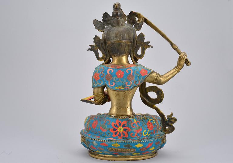 SKULPTUR, Kina, Manjushri, målad brons. 1900-talets andra hälft.