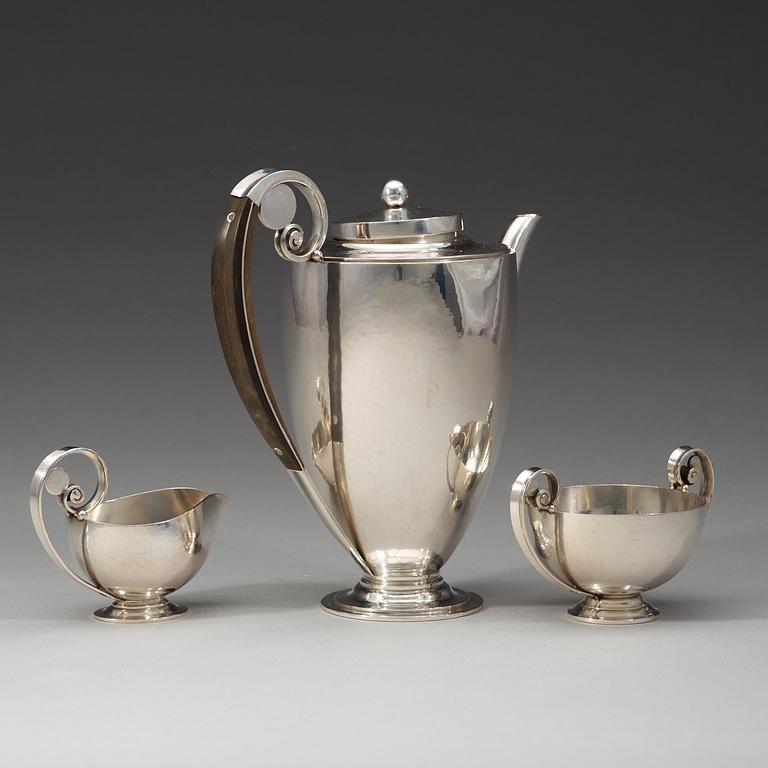 Johan Rohde, a three pcs sterling coffee service, Georg Jensen, Copenhagen 1933-44, design nr 321.