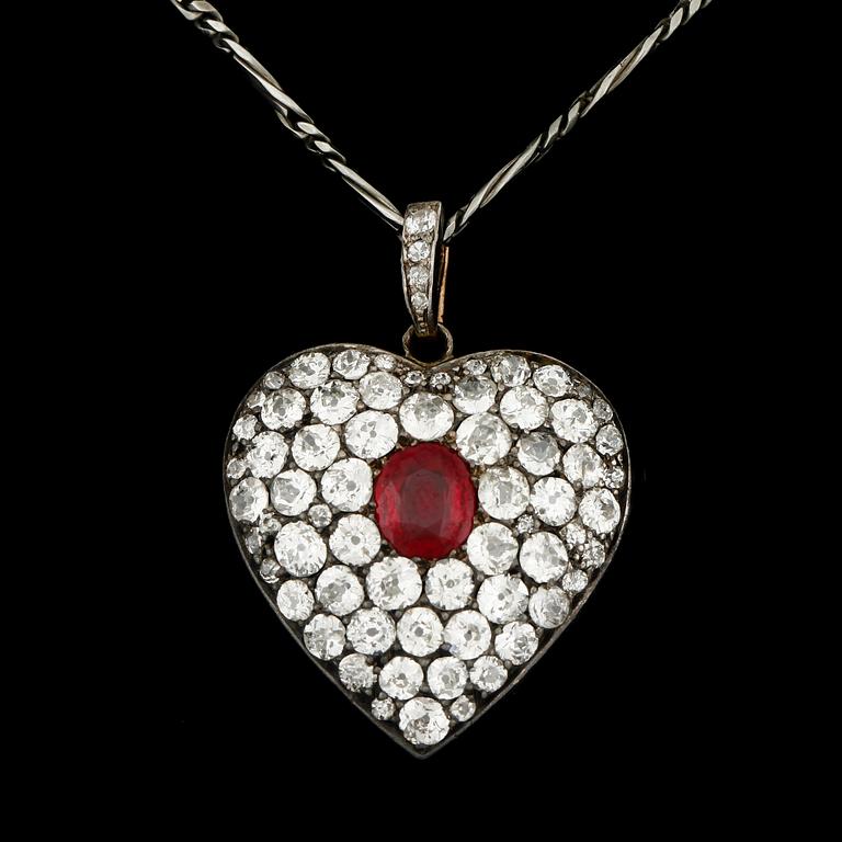HÄNGE, 14k guld med syntetisk rubin och gammalslipade diamanter tot ca 5ct. 1800-talets slut. Vikt, hänge ca10g.