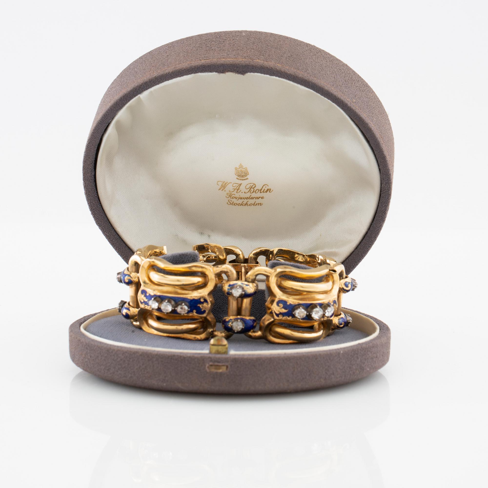 Armband 18K guld med emalj och rosenslipade diamanter, sannolikt Gustaf Adolf Cedergren Stockholm 1849.