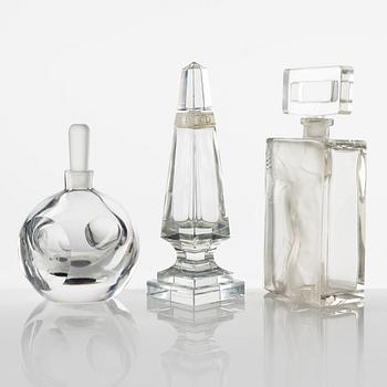 Three glass flacons, including one Vicke Lindstrand, Orrefors.