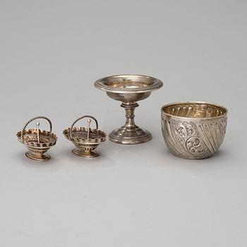 FOUR SILVER SALT CELLARS, England and Austria-Hungary 1800s/1900s, weight 197 g.