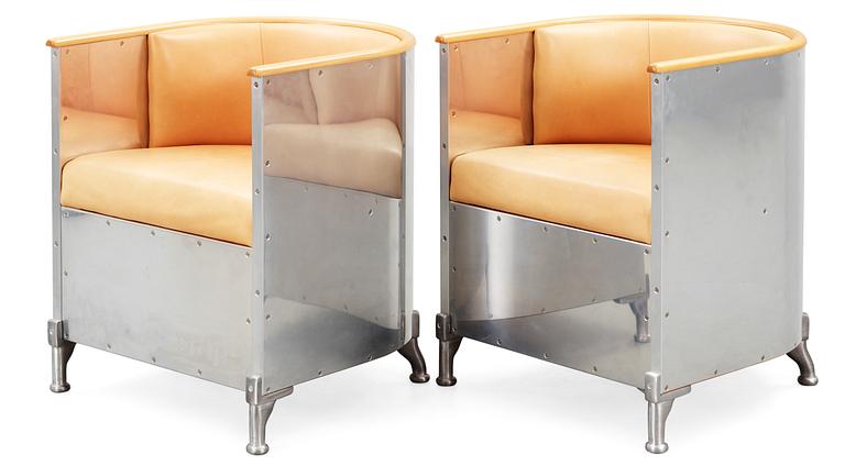 A pair of Mats Theselius 'Aluminium/Theselius' aluminium, birch and leather armchairs, Källemo AB.