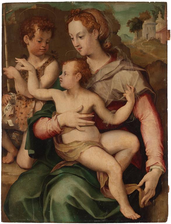 Giorgio Vasari Circle of, The Madonna and Child with the Infant Saint John the Baptist.