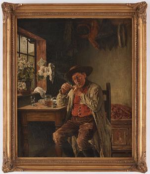 August Jernberg, Interior with man lighting his pipe.