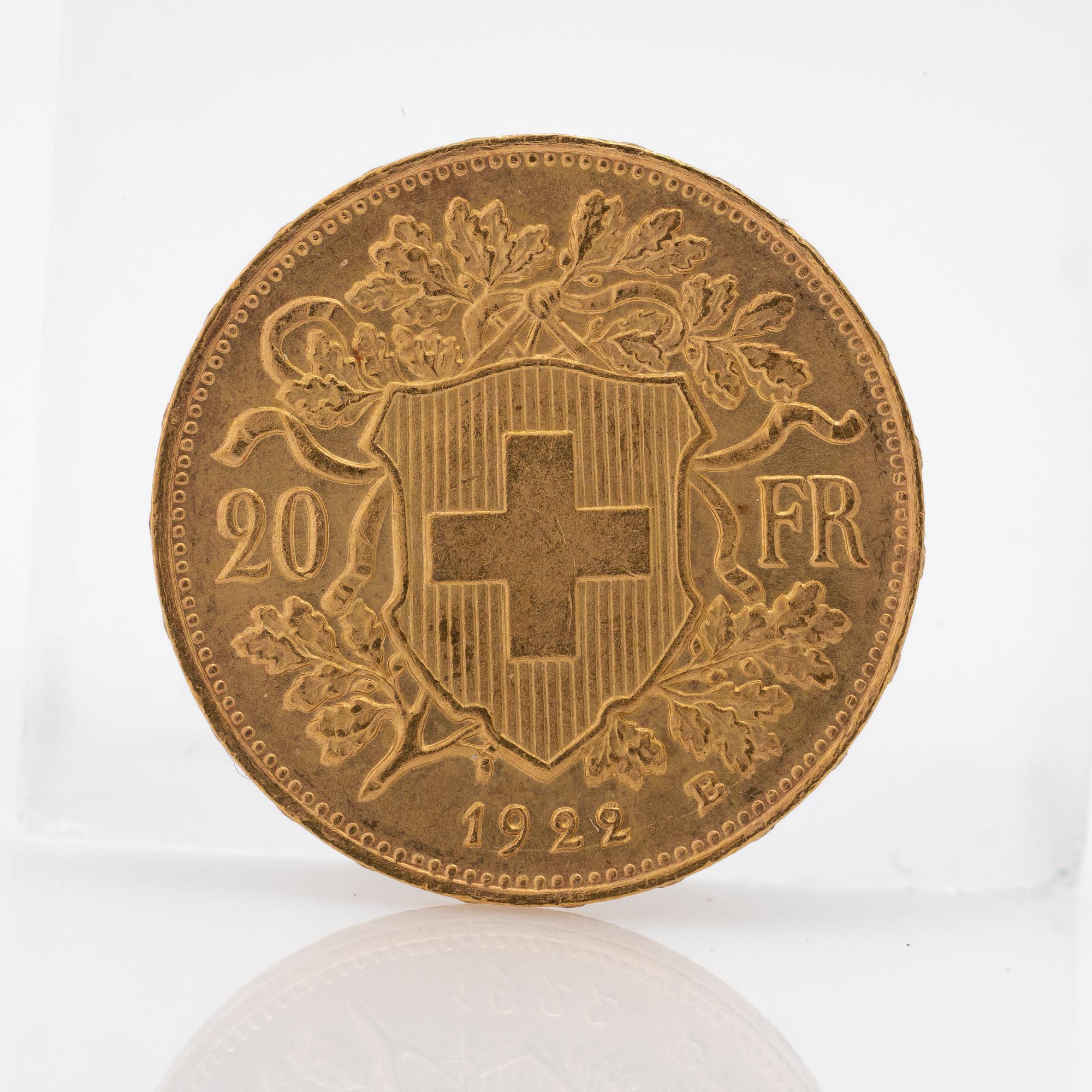 Gold coin Switzerland, 20 Franc, 1922.