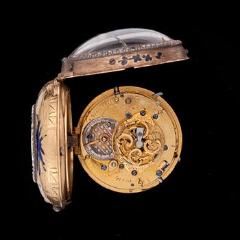 FICKUR, Romilly, spindelur, kvartrepeter, guld, rosenstenar och emalj med miniatyr. Paris 1700-talets slut.