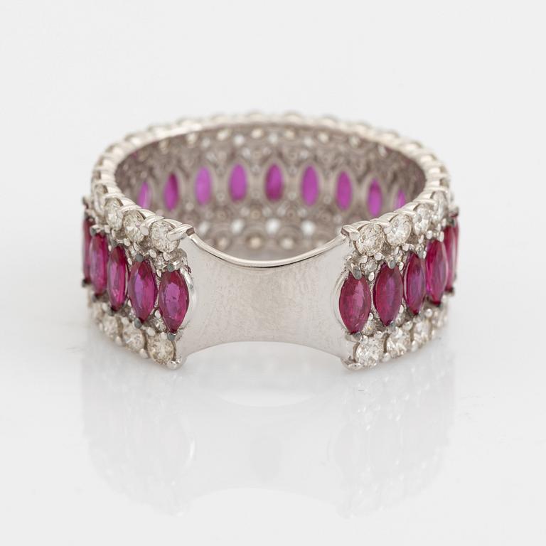 Navette ruby and brilliant cut diamond ring.