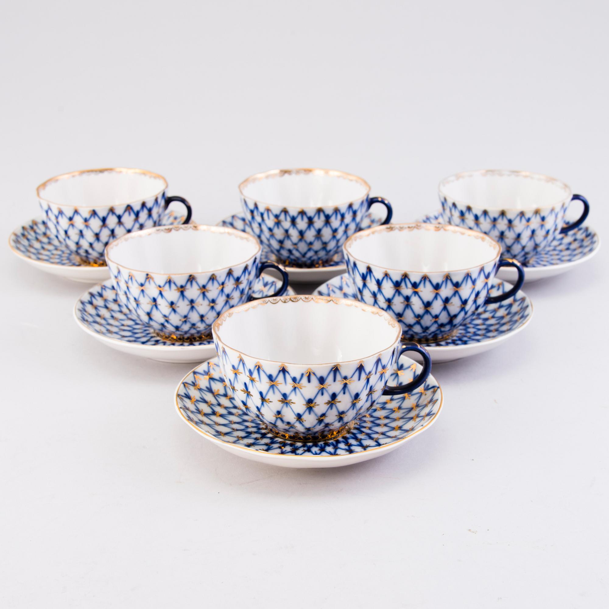 A 34-piece 'Cobalt Net' porcelain set for coffee and tea, Lomonosov, Soviet Union.