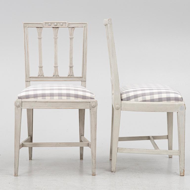 Three late Gustavian chairs, circa 1800. And one chair, late Gustavian style, 20th century.