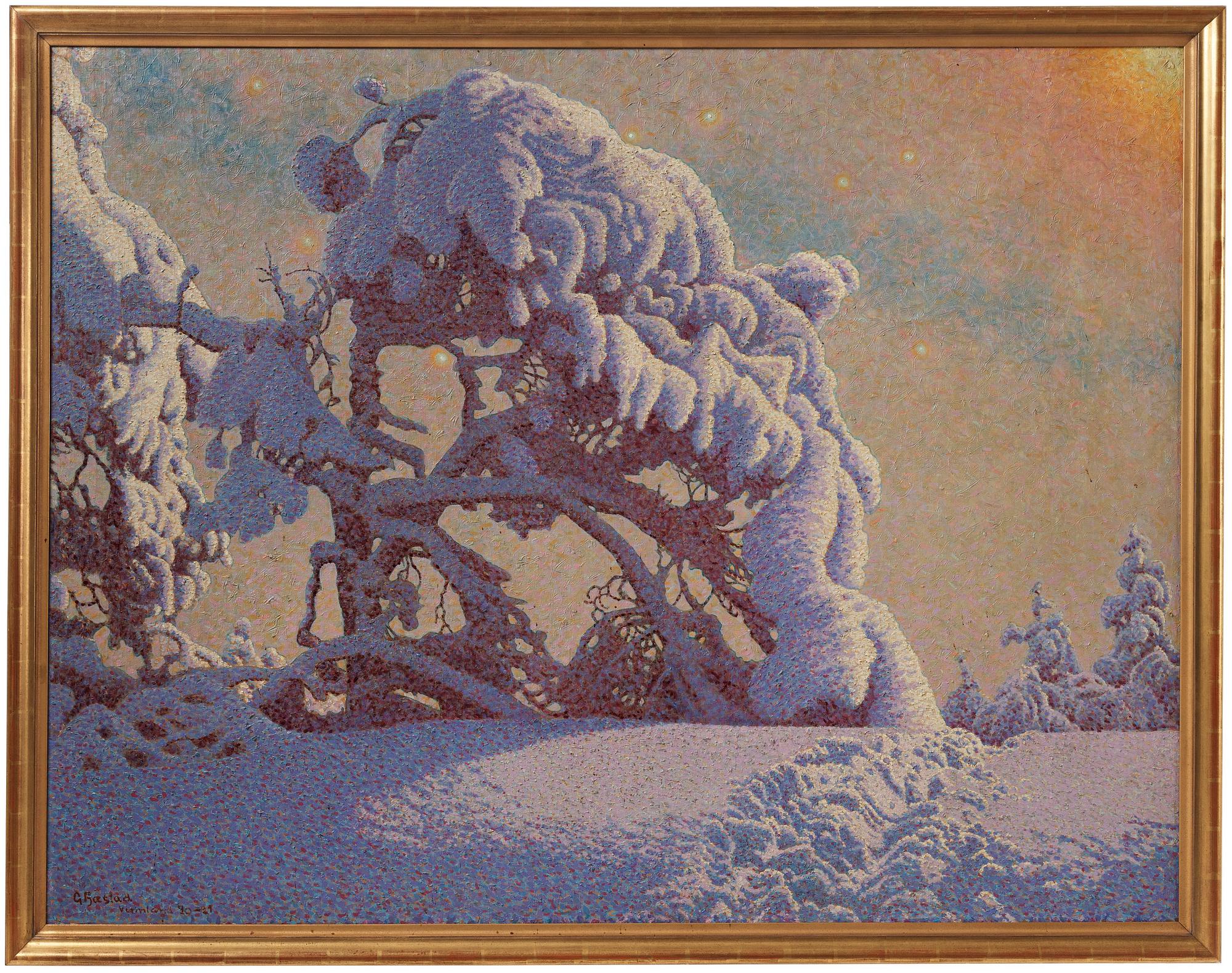 Gustaf Fjaestad, Vinterlandskap med snötyngd tall.