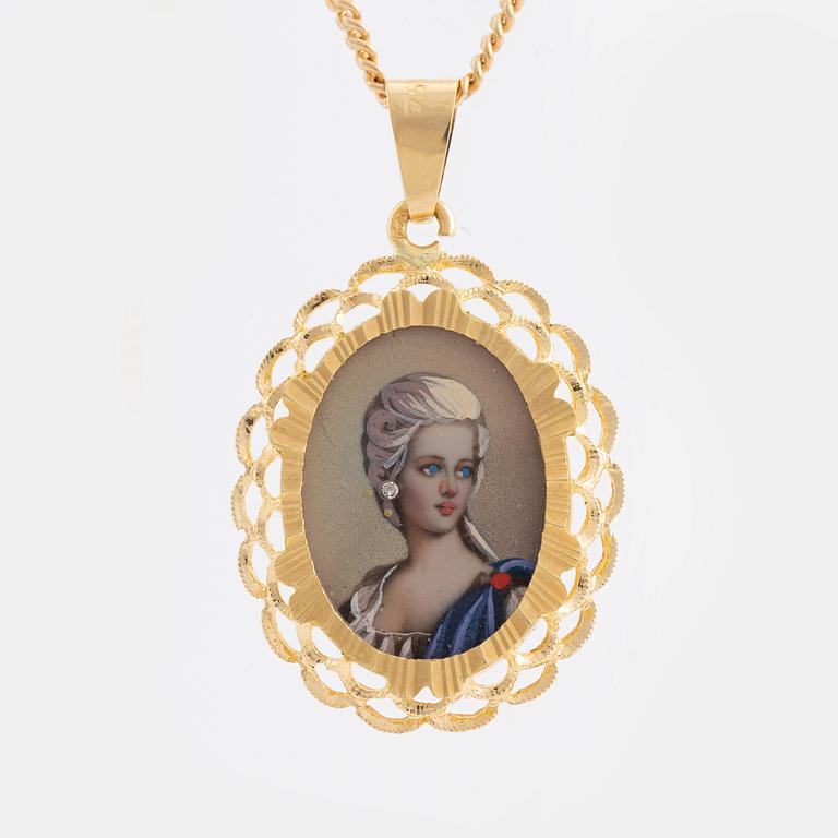 Pendant with miniature portrait and chain, 18K gold.