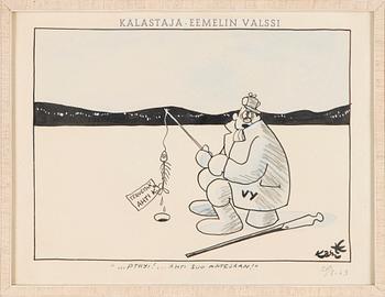 Kari Suomalainen, drawing "...Pthyi!...Ahti Suo Antejaan!", gift to the singer Kauko Käyhkö.