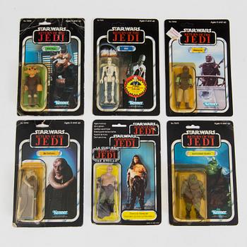 STAR WARS, 6 stycken figurer i Return of the Jedi förpackning, Kenner och Palitoy 1980-tal.