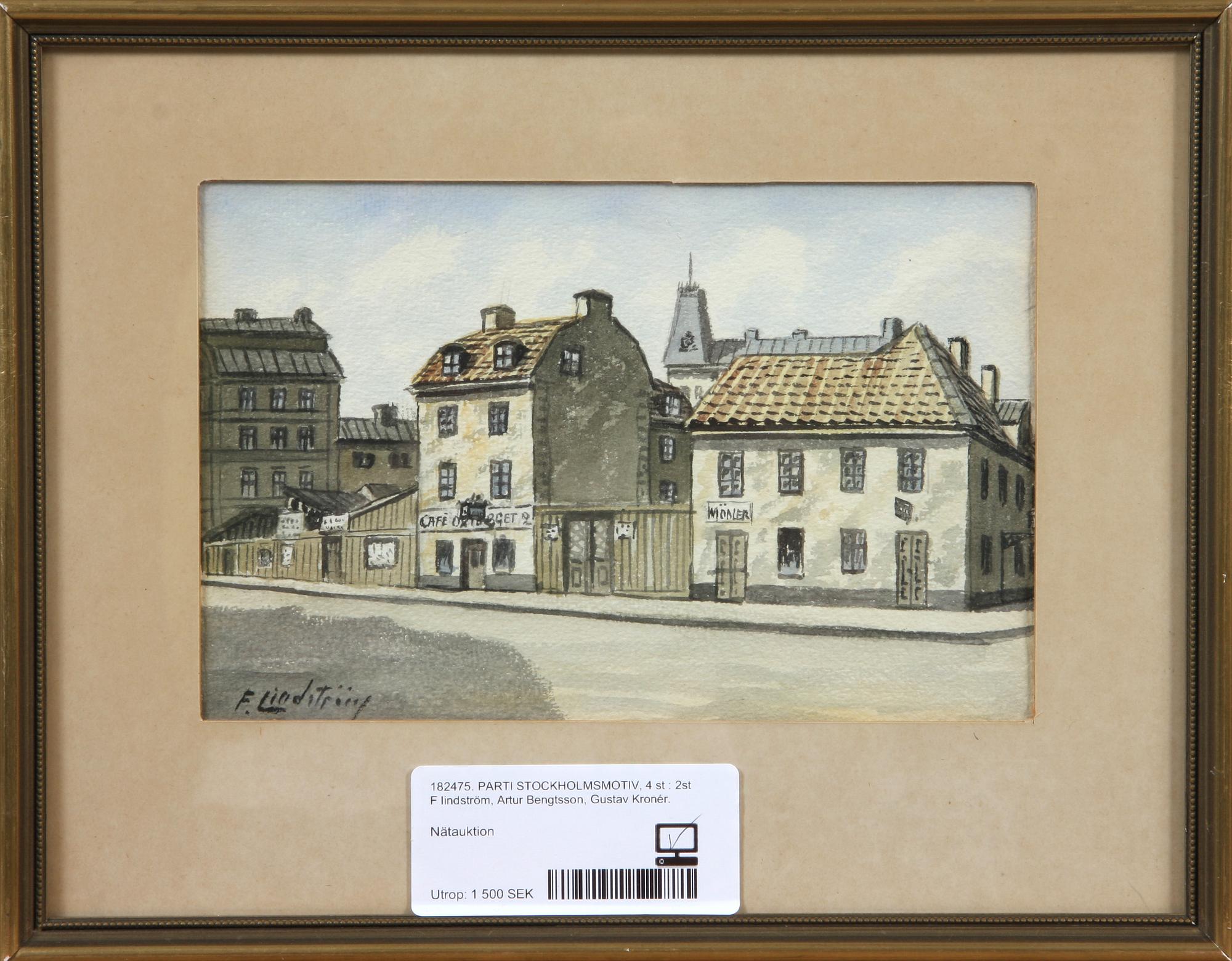 PARTI GRAFIK, 4 delar, F Lindström, 2 st, Artur Bengtsson samt Gustav Kronér, sign.